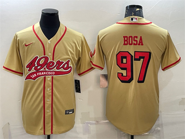 Men's San Francisco 49ers #97 Nick Bosa New Gold With Patch Cool Base Stitched Baseball Jersey